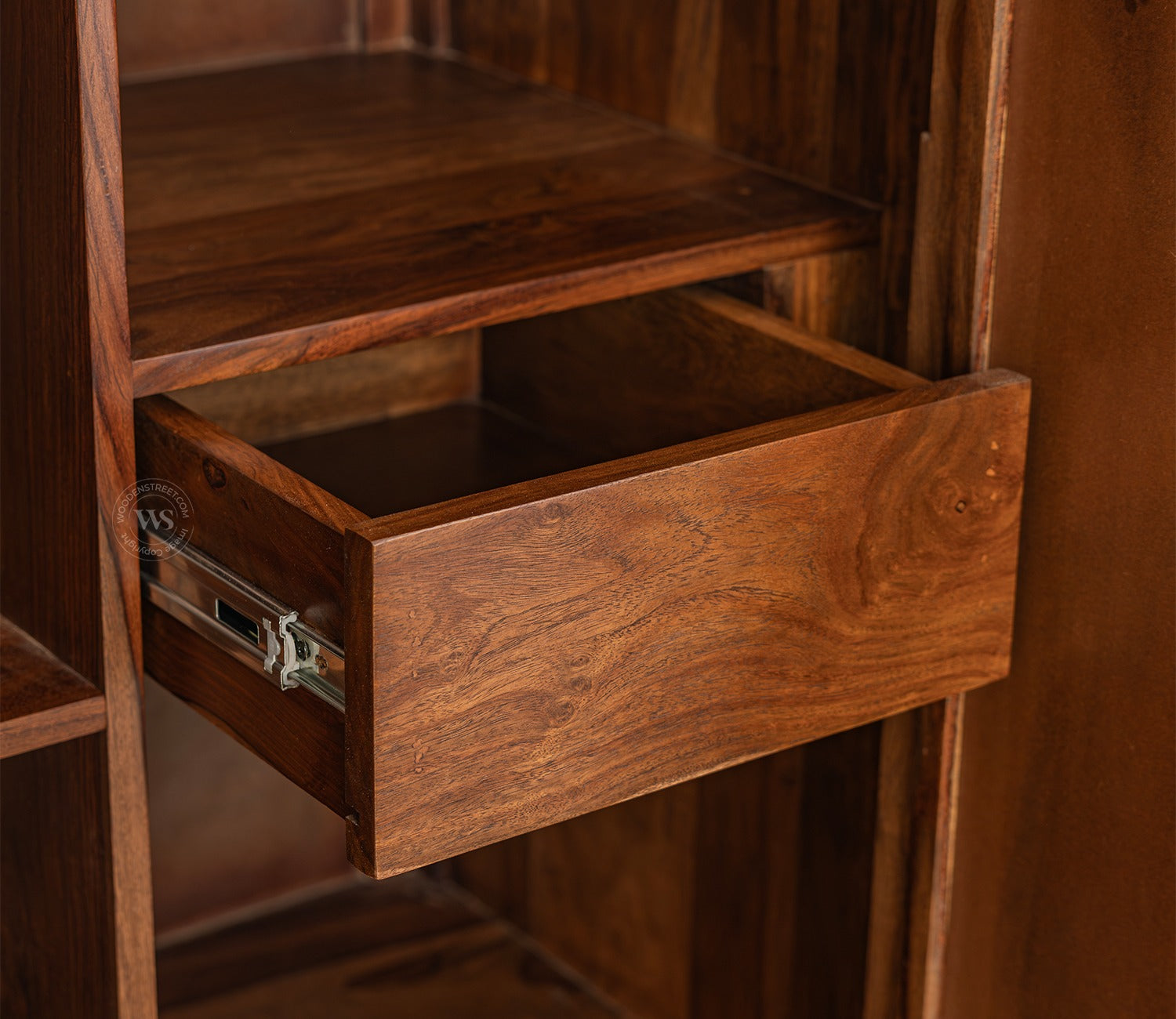 Rida Sheesham Wood Wardrobe with Elegant Cane Detailing and Mirror (Teak Finish)