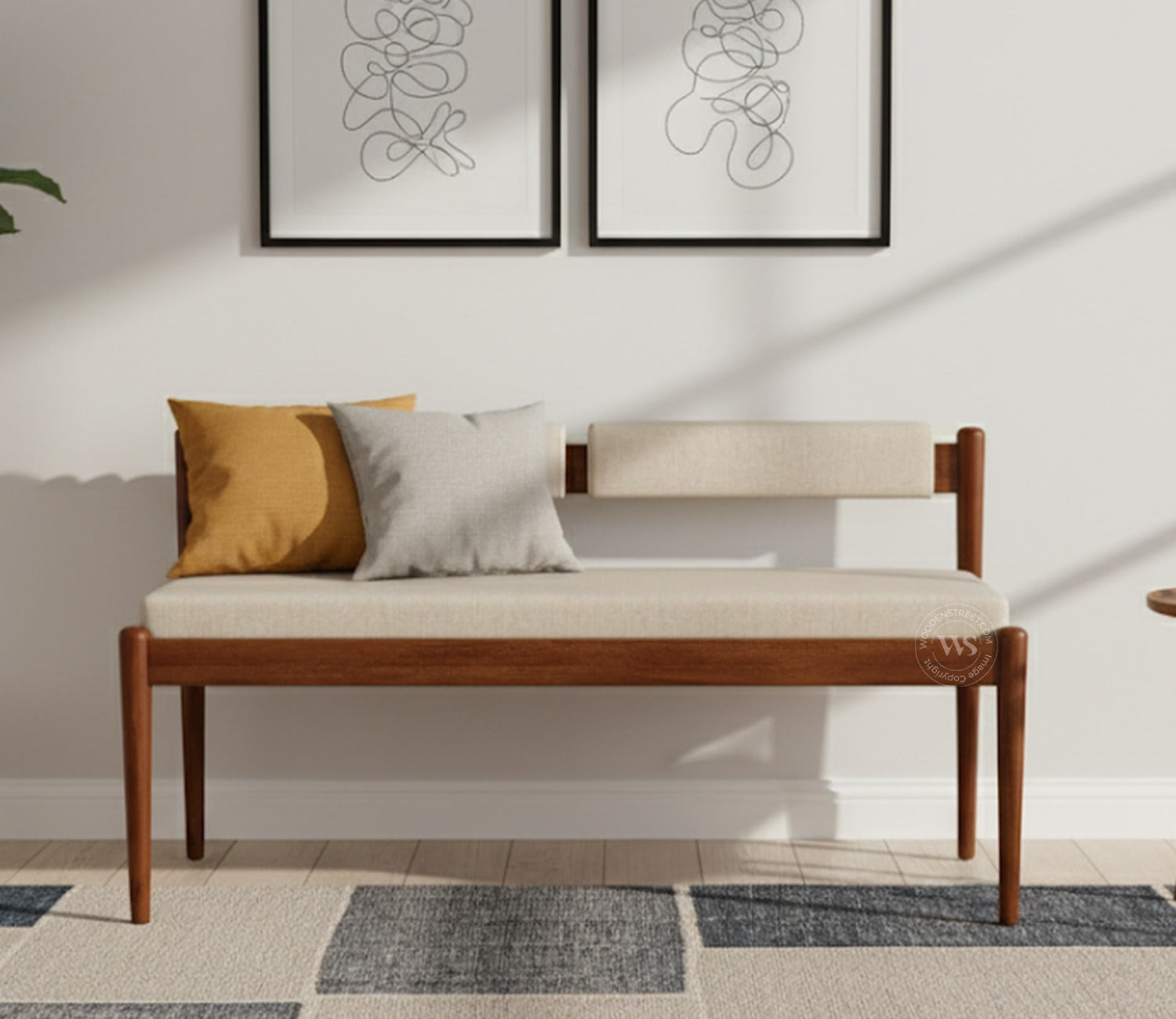 Raavi Mango Wood Upholstered Bench with Backrest (Teak Finish, Jade Ivory)