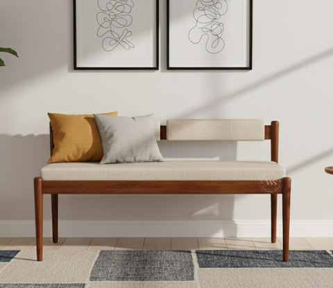 Raavi Mango Wood Upholstered Bench with Backrest (Teak Finish, Jade Ivory)