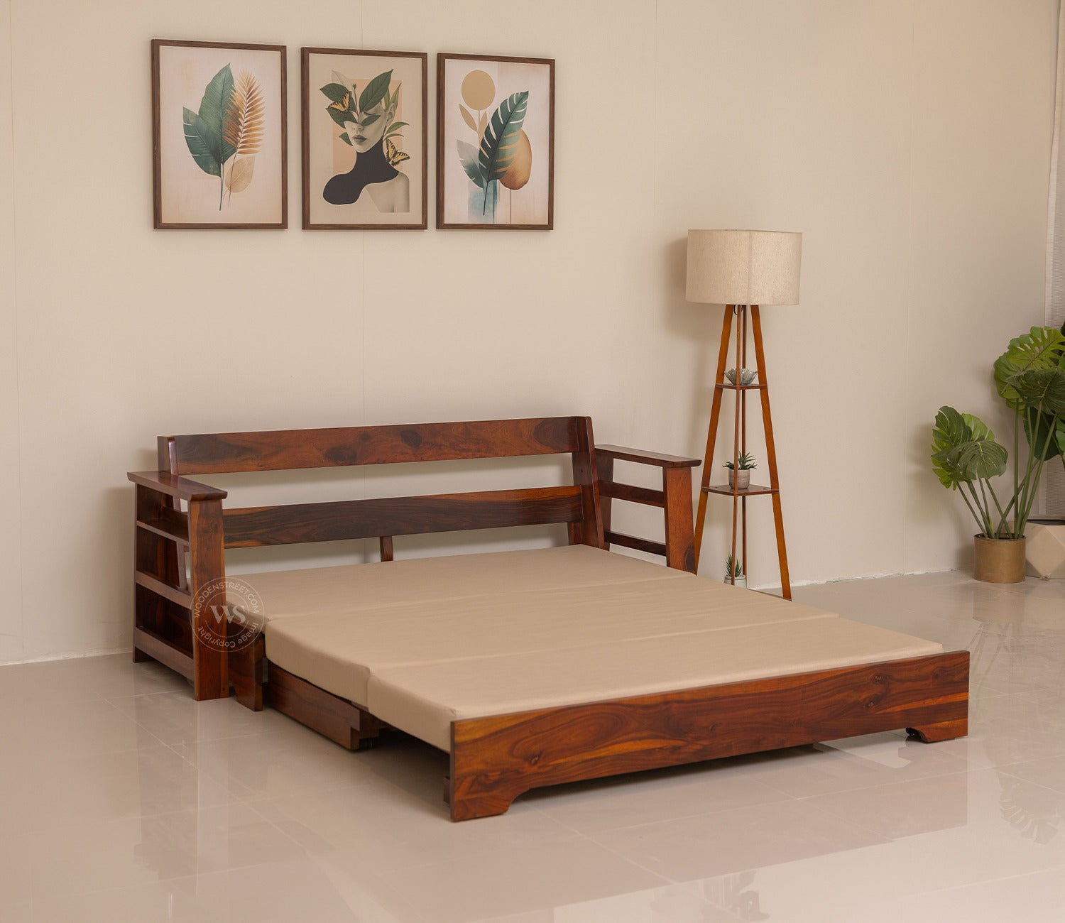 Della Sheesham Wood Sofa Cum Bed With Armrests (Honey Irish Cream)