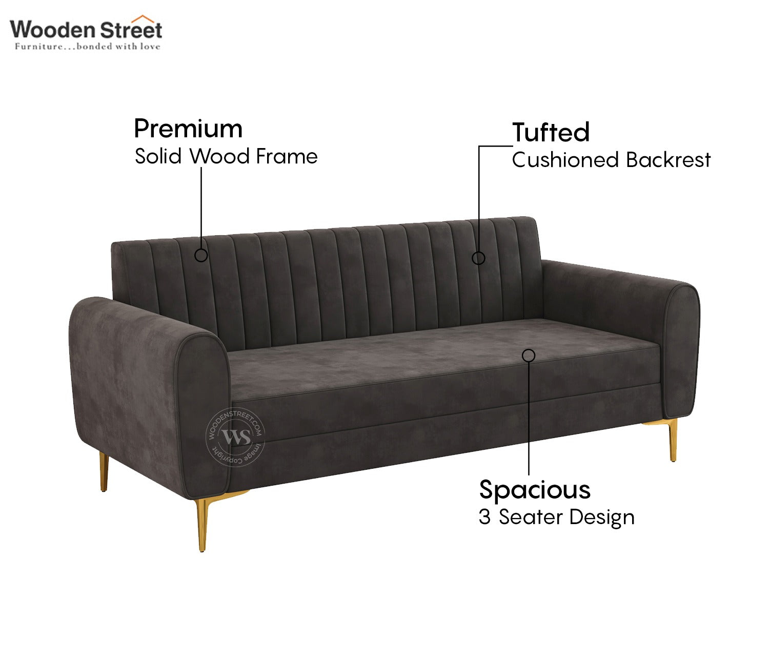 Medusa 3 Seater Fabric Sofa (Velvet, Graphite Grey)