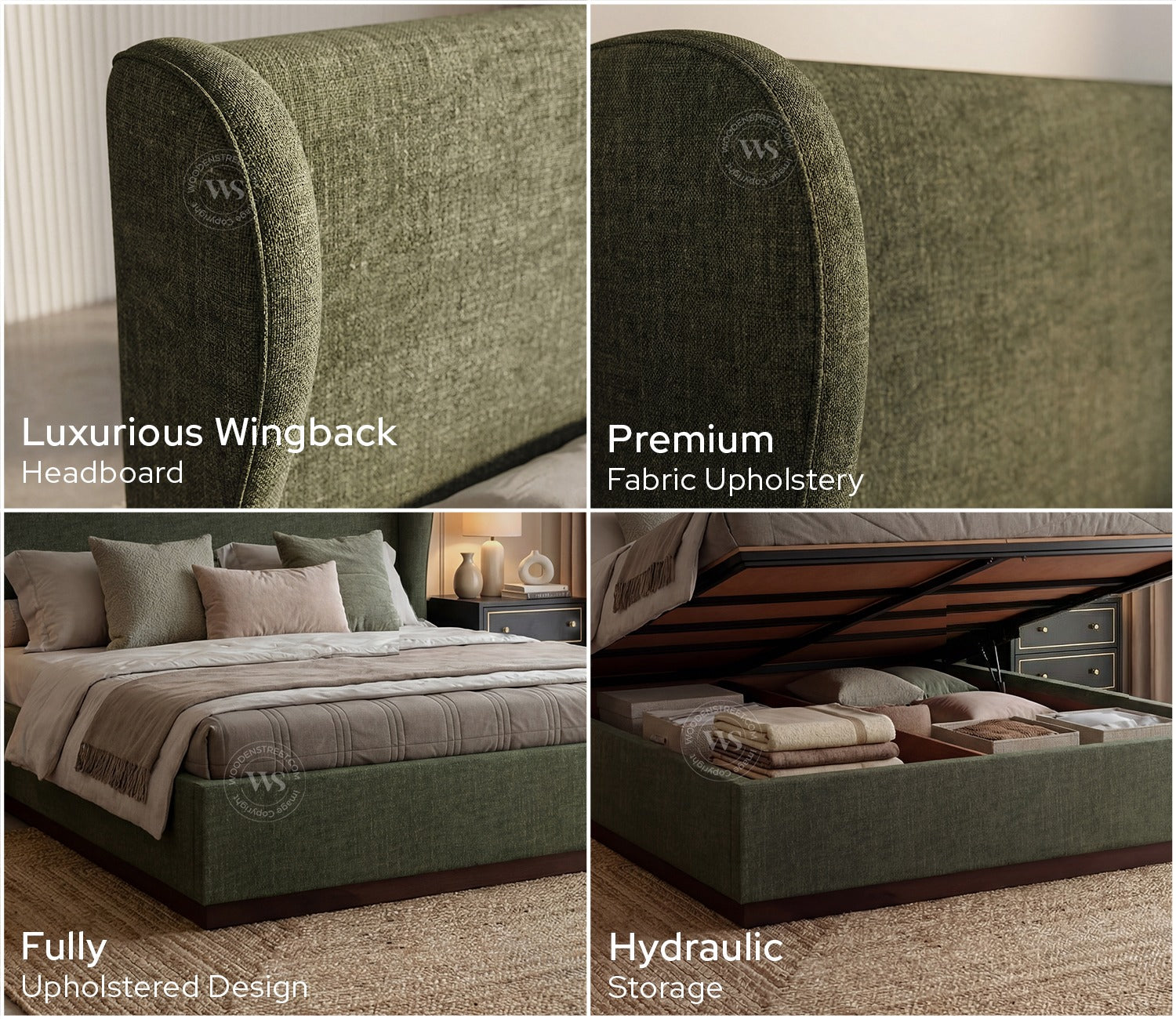 Adhiraj Luxurious Fabric Hydraulic Storage Bed with Plush Wingback Headboard (King Size, Sage Green)