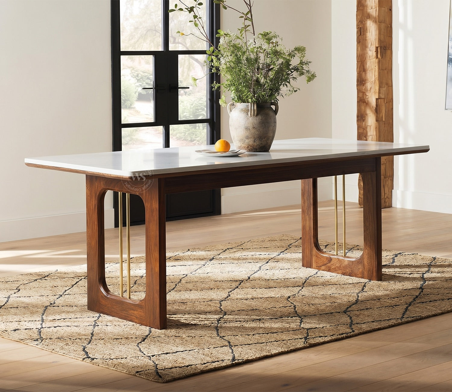 Kanak Designer 6 Seater Sheesham Wood Dining Table Set with Mishaan Quartz Top Table and Misha Chair (Teak Finish)