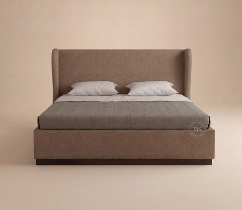 Adhiraj Luxurious Fabric Hydraulic Storage Bed with Plush Wingback Headboard (Queen Size, Sand Brown)