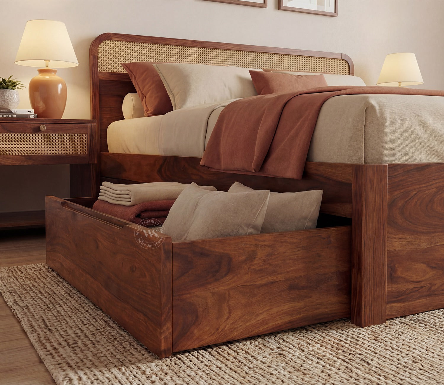 Balikos Sheesham Wood Bed with Drawer Storage and Cane Detailing (King Size, Teak Finish)
