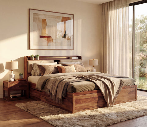 Wildon Premium Sheesham Wood Bed with Cushioned Headboard and Drawer Storage (Queen Size, Teak Finish)