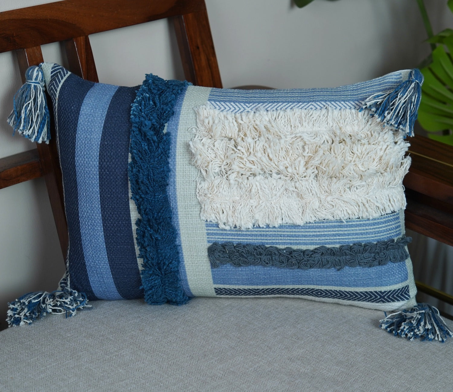 Boho Tasseled Shaded Blue Cotton Cushion Cover -14 x 20