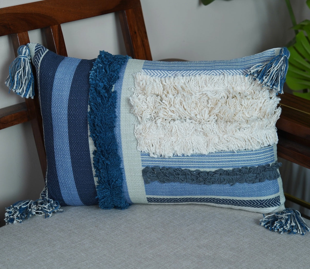 Boho Tasseled Shaded Blue Cotton Cushion Cover -14 x 20