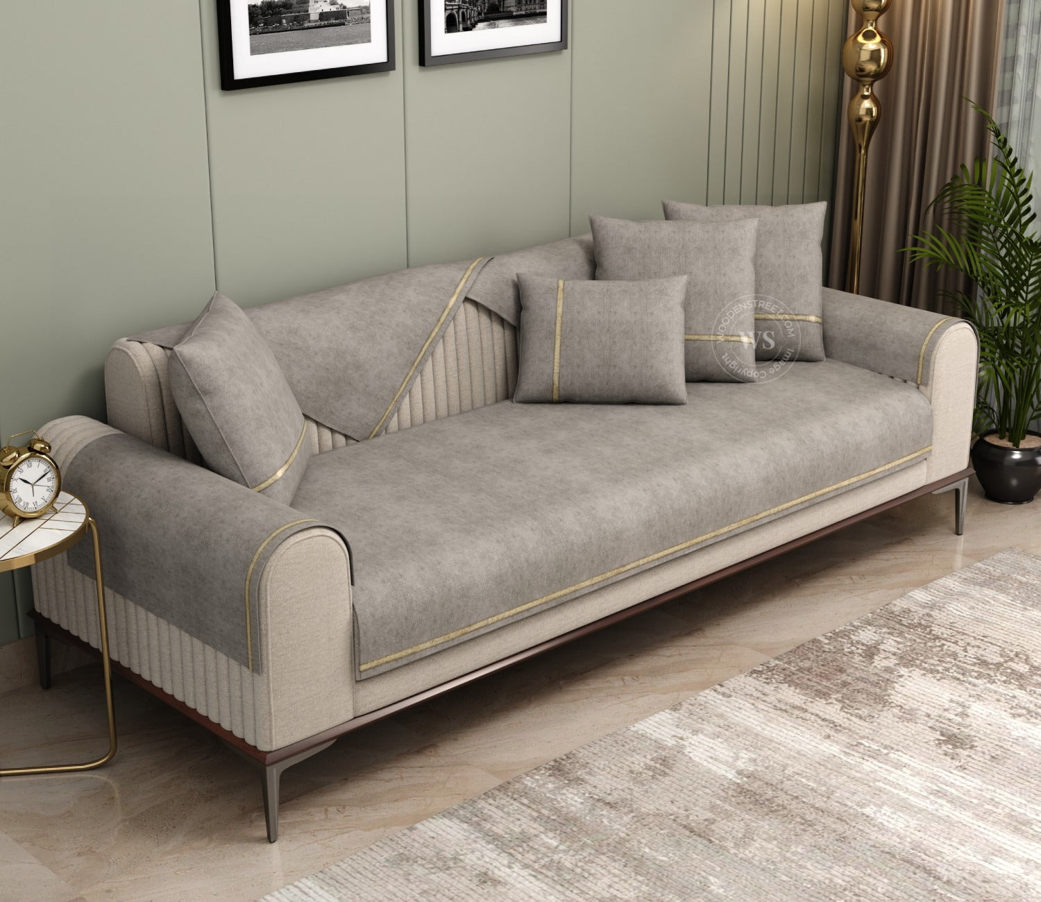Princeton 3 Seater Premium Sofa Cover with Shimmer Lace - Set of 9 (Latte Beige)