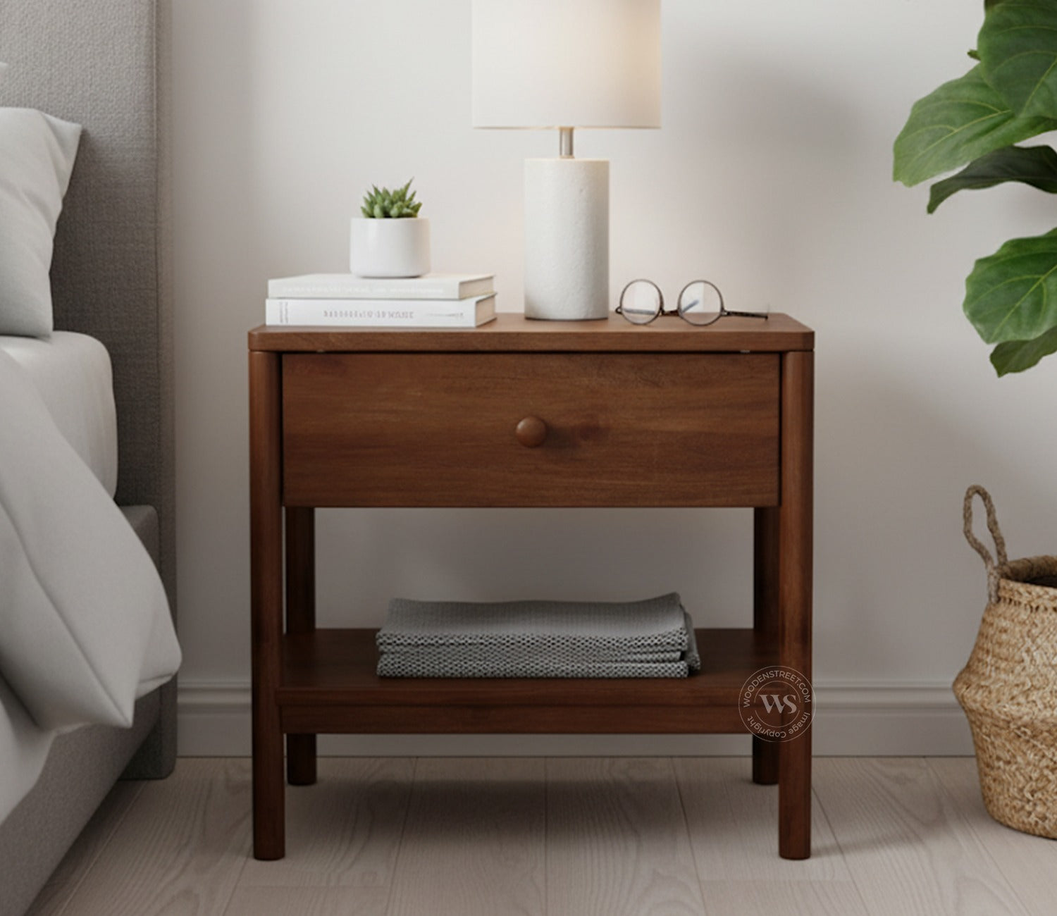 Palmier Mango Wood Bedside Table with Drawer & Open Shelf (Teak Finish)