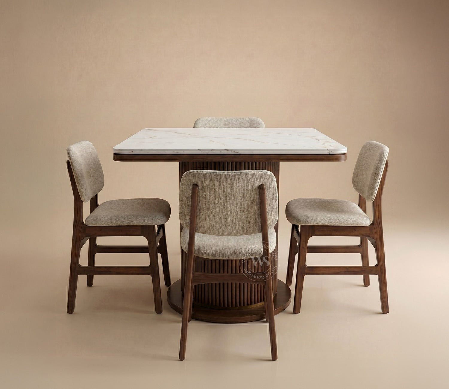 Samanvi 4 Seater Sheesham Wood Dining Table Set with Saumik Marble Top Table and Vinara Chair (Cottage Ivory)