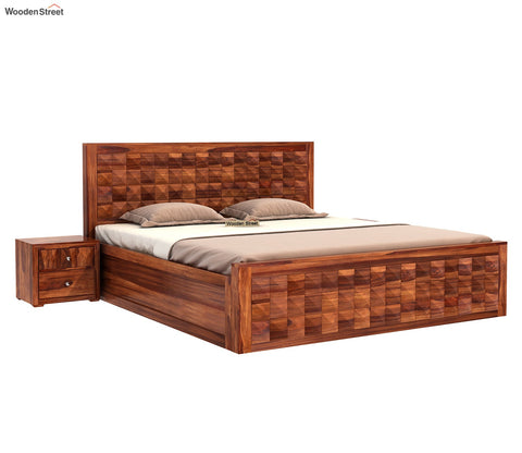 Morse Sheesham Wood Bed With Box Storage (Queen Size, Honey Finish)