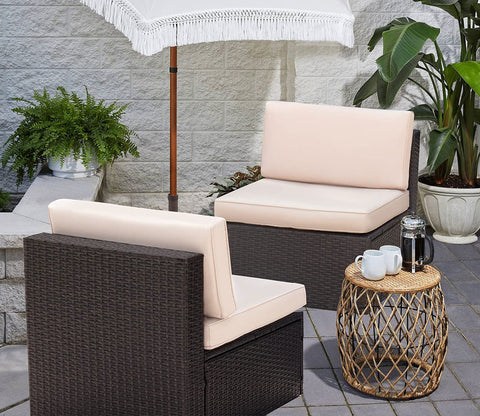 Dark Brown Rattan And Wicker Patio Sofa Cum Chair And Cream Cushions (Set Of 2)