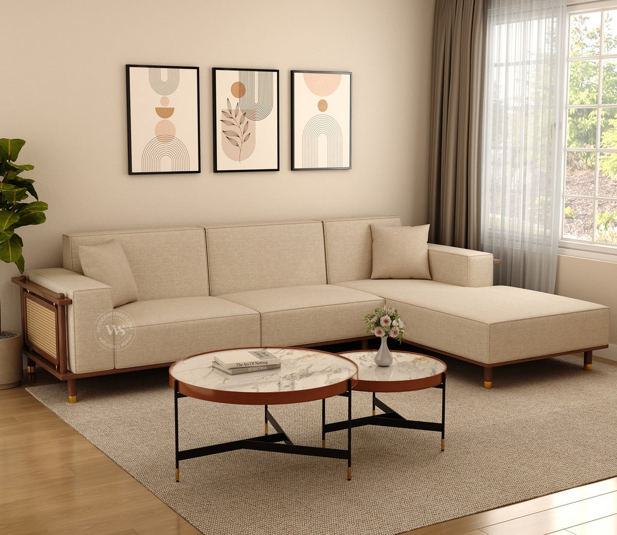 Saket Ash Wood L Shape Right Align Sofa with Cane And Brass Accents (Sand Beige)