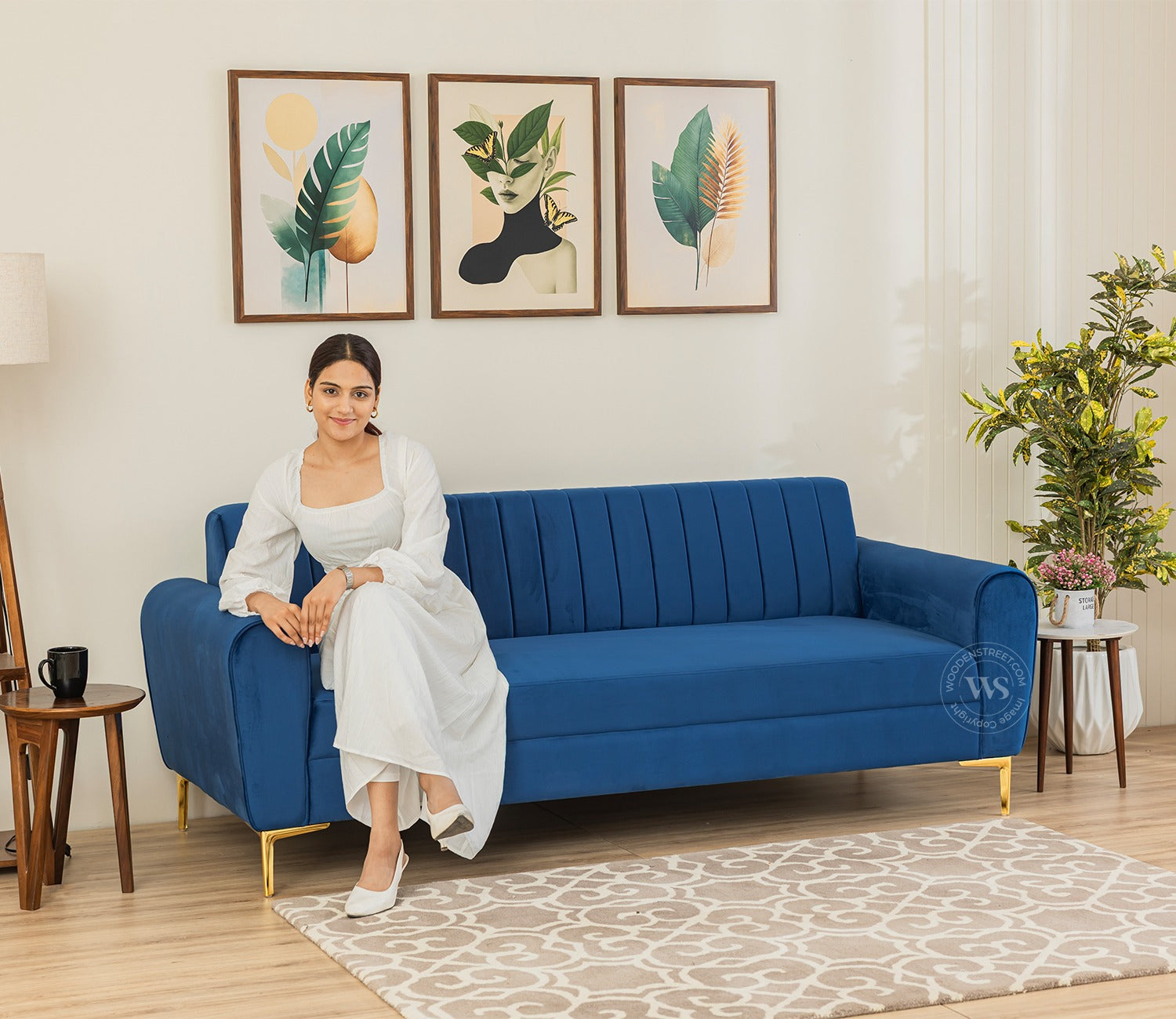 Medusa 3 Seater Fabric Sofa (Velvet, Indigo Blue)