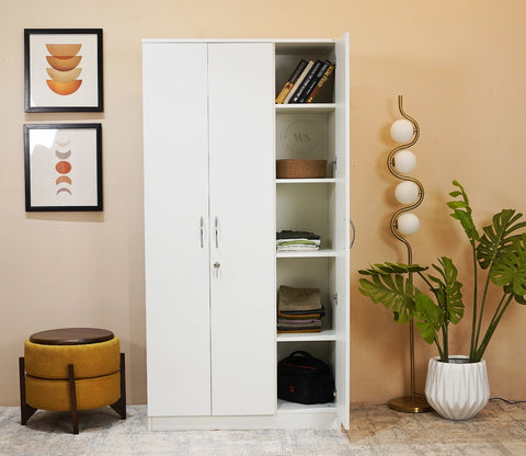 Kayden 3 Door Multi Utility Wardrobe With Lock (Frosty White Finish)