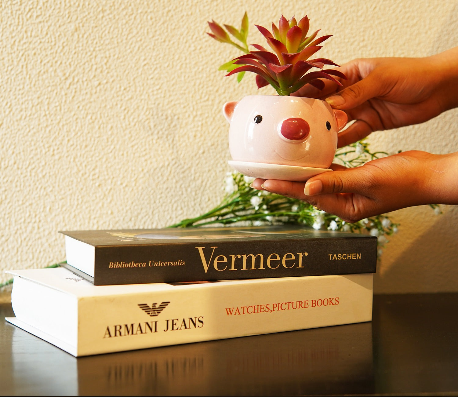 Whimsy Ceramic Enamel Pot With Artificial Flowers (Purple)