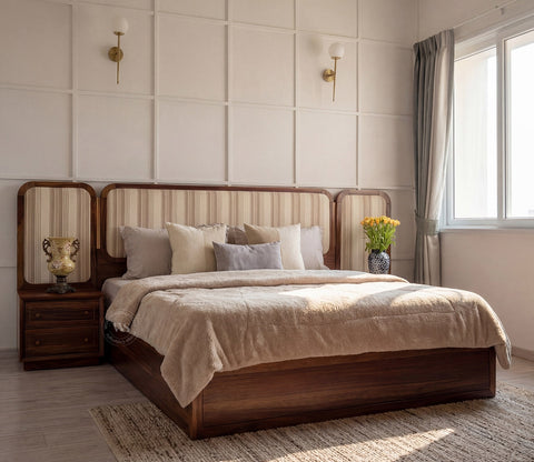 Iransh Premium Sheesham Wood Bed with Striped Headboard Drawer Storage and 2 Bedside Tables (Queen Size, Cream Stripe)