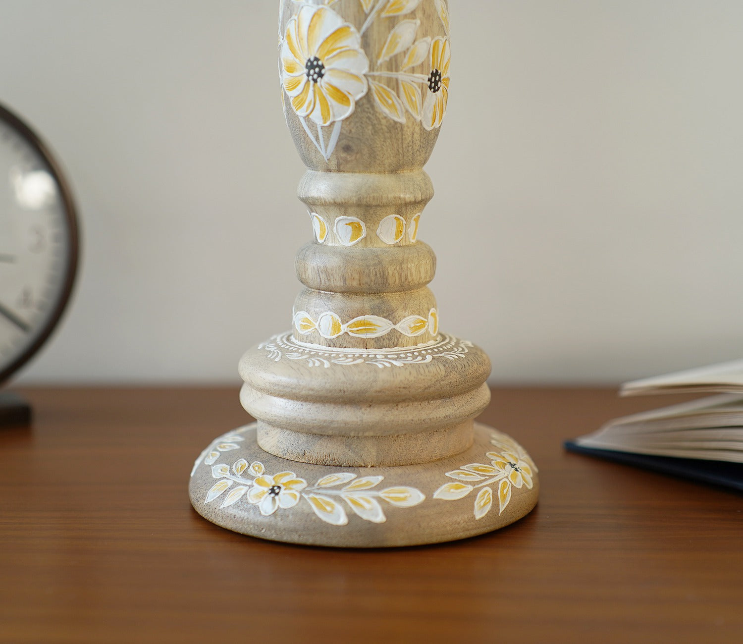 Adiva Floral Hand Painted Wooden Large Pillar Candle Stand
