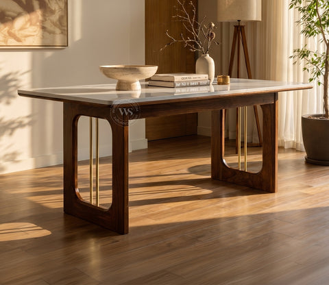 Mishaan-Rivano 6 Seater Sheesham Wood Dining Table Set with Quartz Top (Teak Finish)