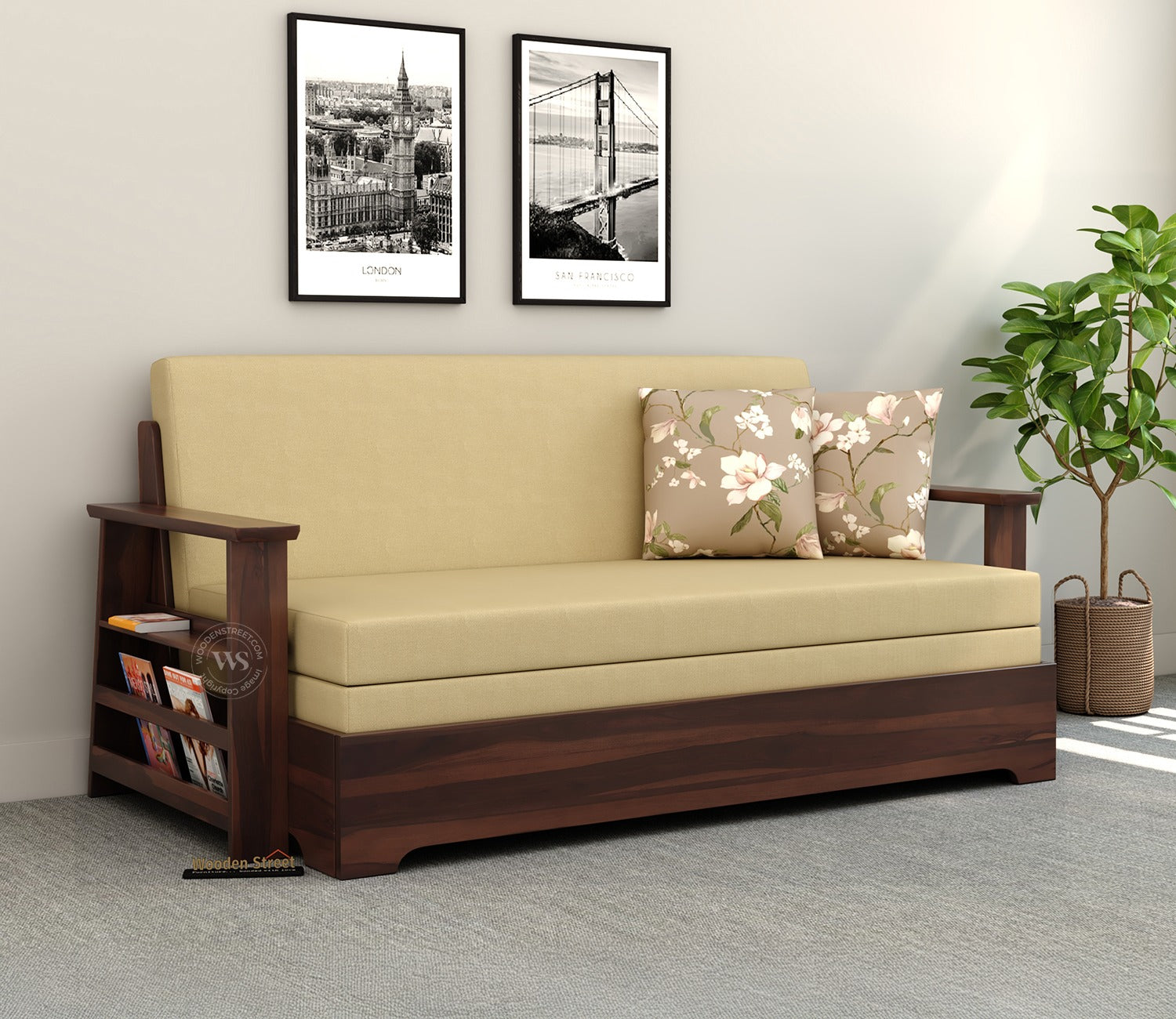 Della Sheesham Wood Sofa Cum Bed With Armrests (Walnut Irish Cream)