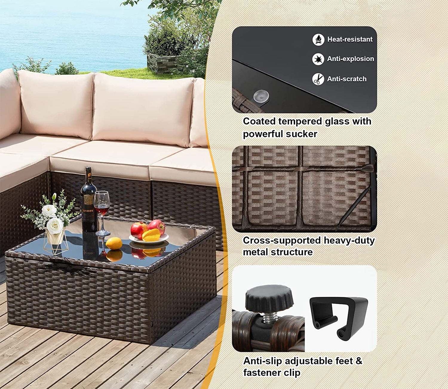 Dark Brown Rattan And Wicker Outdoor Furniture Set With Table