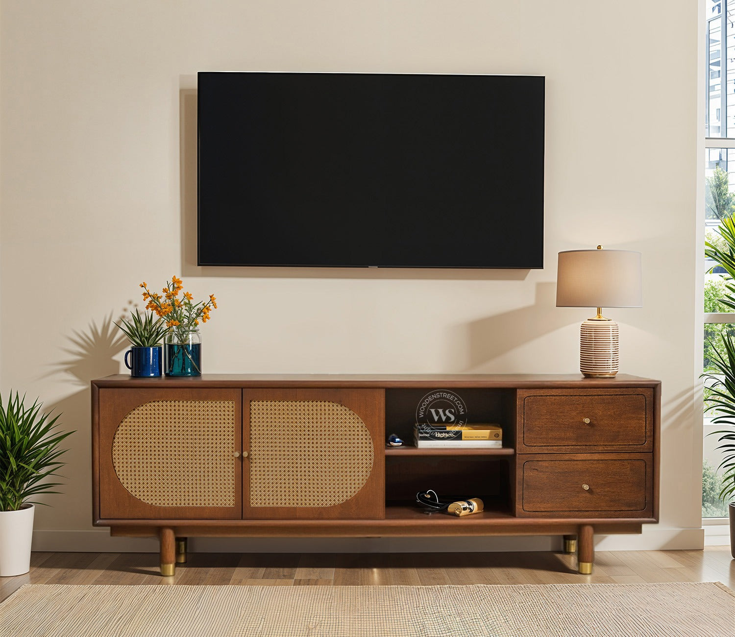 Gyana Premium Solid Wood TV Unit with Cane Panel Cabinet (Mango Wood, Teak Finish)