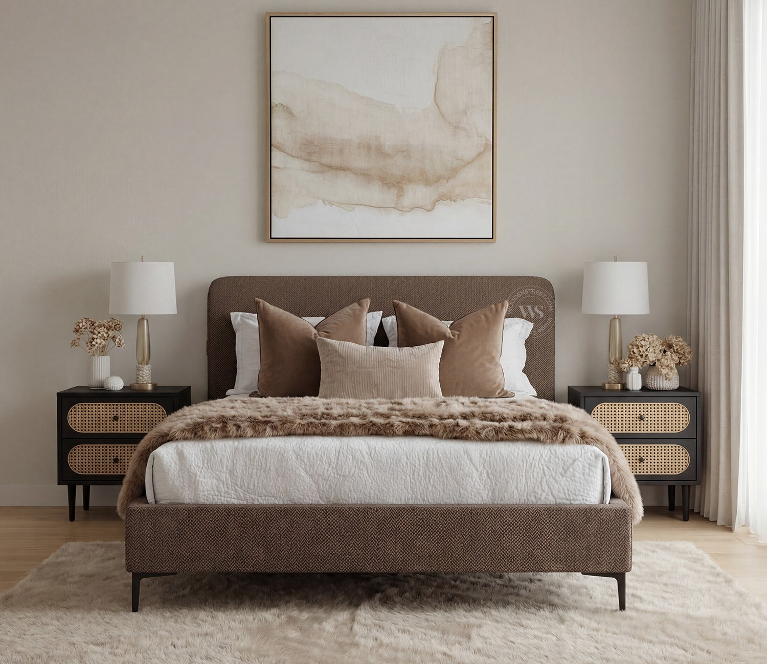Andreas Premium Fabric Bed with Curved Headboard & Without Storage (King Size, Sand Brown)