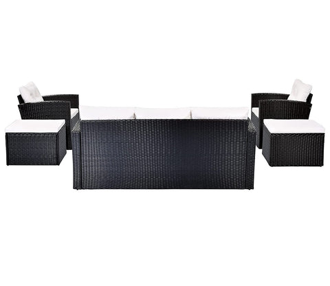 Black Rattan And Wicker 7 Seater Sofa Set With Table And Offwhite Cushions