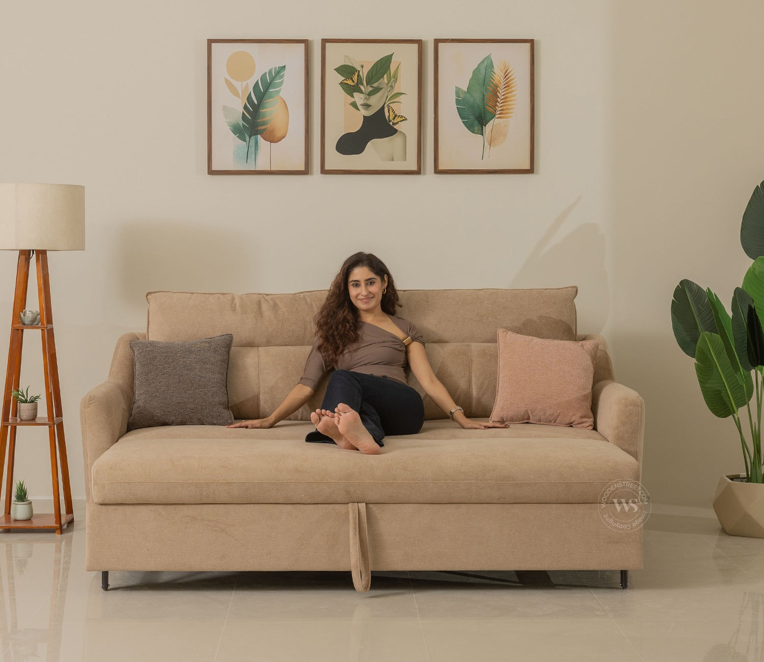 Tevo 3-Seater Sofa Cum Bed | Pull-Out Bed Mechanism | Fabric Upholstery (Beige)