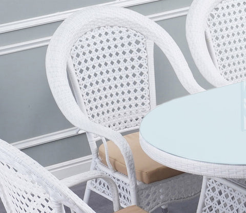 6 Seater Wicker Dining Table Set With Cream Cushions (White)