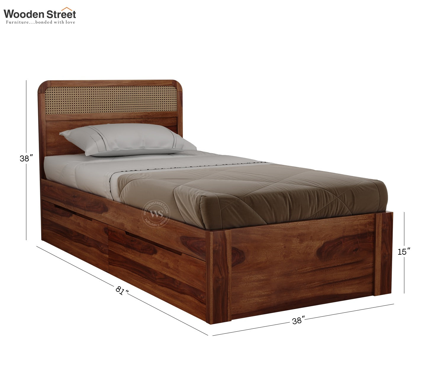 Balikos Sheesham Wood Bed with Drawer Storage and Cane Detailing (Single Size, Teak Finish)