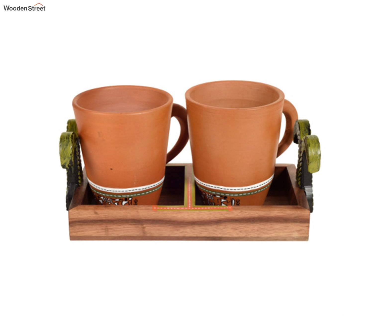 Happy Morning Earthen Coffee Mugs With Metal Handle Tray