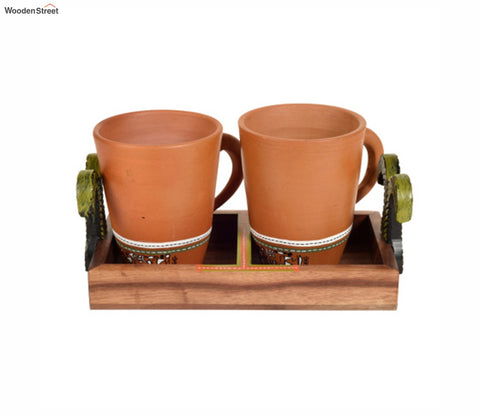 Happy Morning Earthen Coffee Mugs With Metal Handle Tray