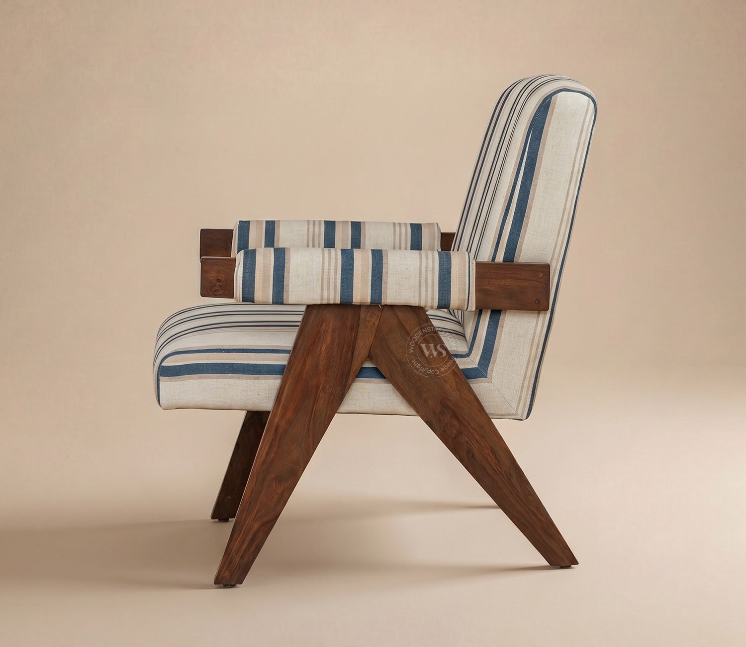 Troupe Sheesham Wood Chandigarh Chair with Premium Upholstery (Blue Stripes, Teak Finish)