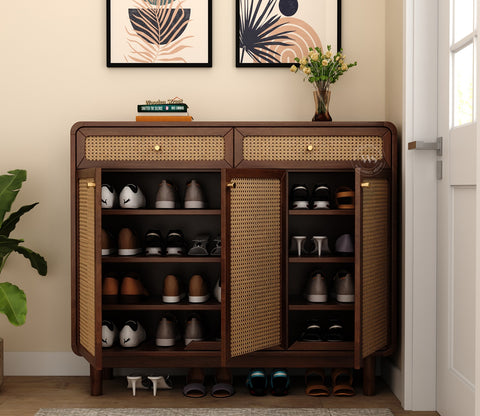 Dashlet Premium Solid Wood Shoe Cabinet With Cane Detailing (Mango Wood, Teak Finish)