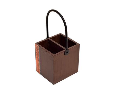 Floral Pattern Handcrafted Wooden Cutlery Stand with Iron Handle