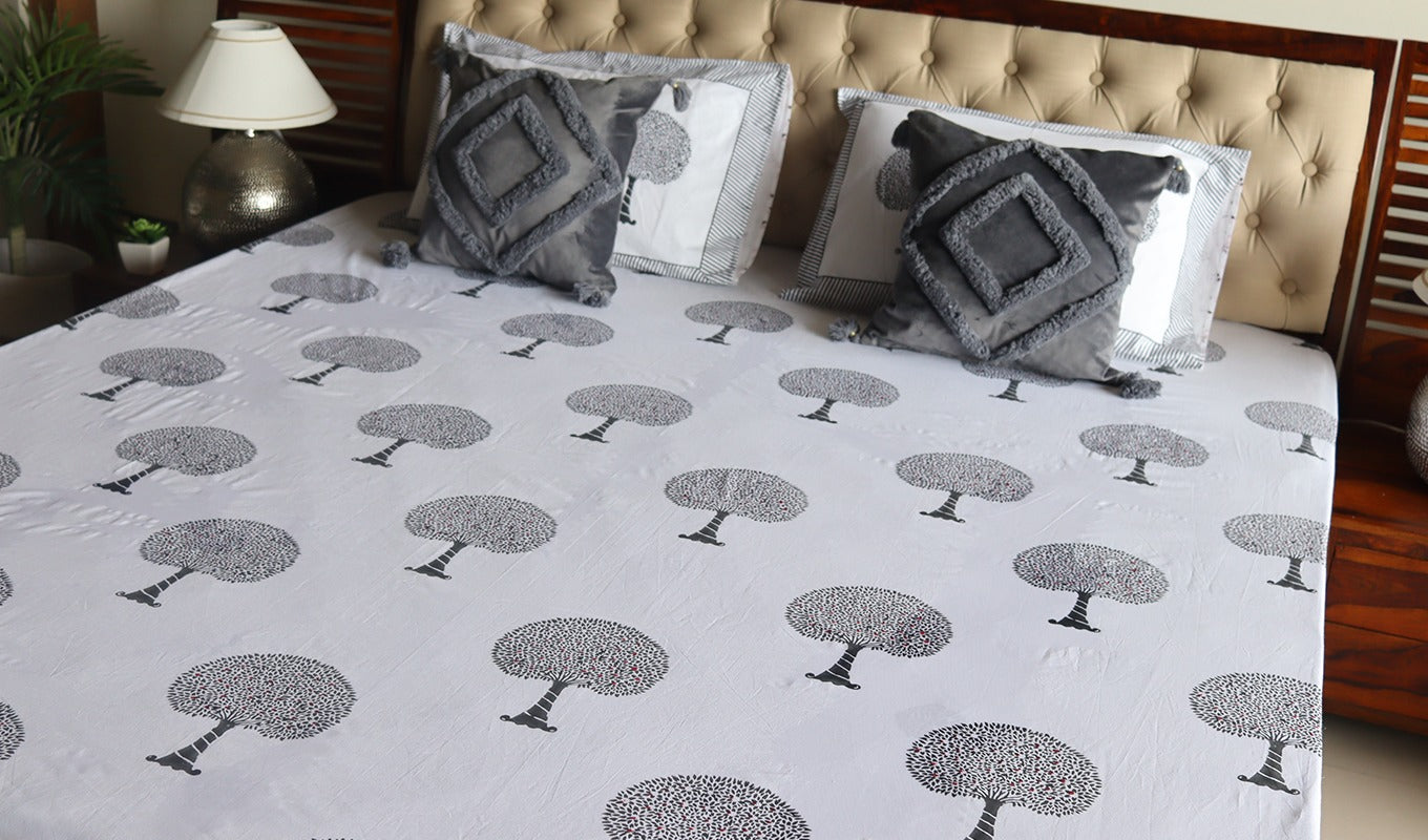 Tree Motifs Hand Block Printed White Double Bed Sheet with Pillow Covers