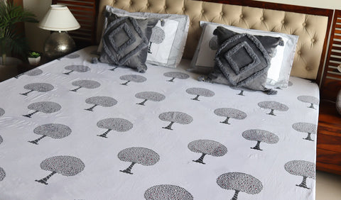 Tree Motifs Hand Block Printed White Double Bed Sheet with Pillow Covers