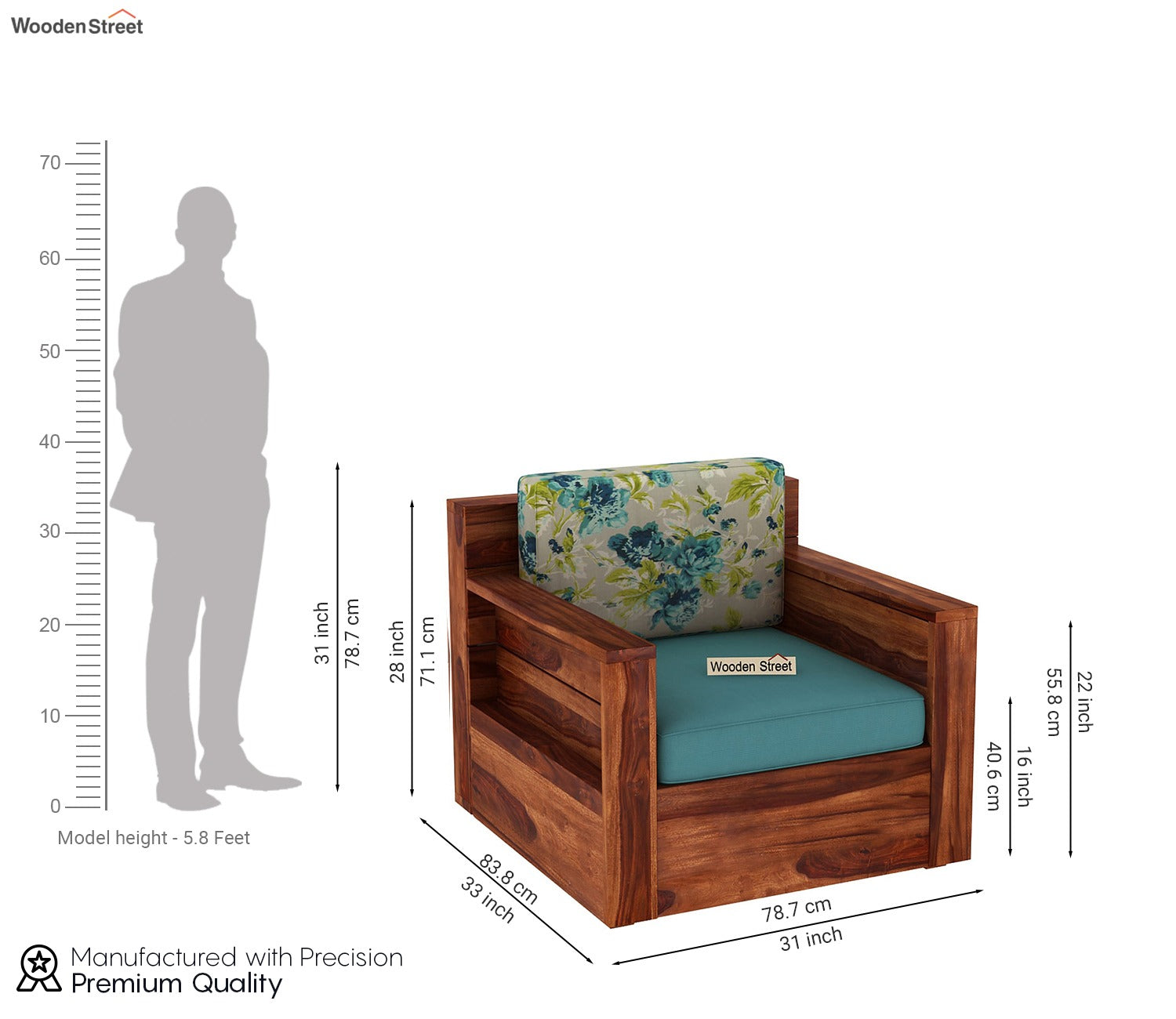 Marriott 1 Seater Wooden Sofa (Honey Teal Aqua Marine)