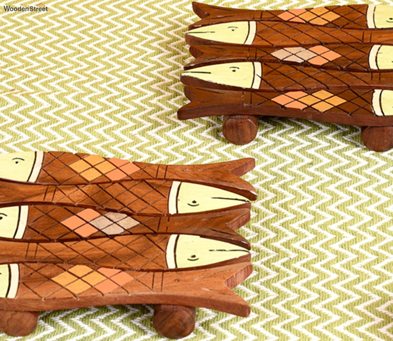 Small Fish With Tribal Art Wooden Handcrafted Coaster - Set of 2