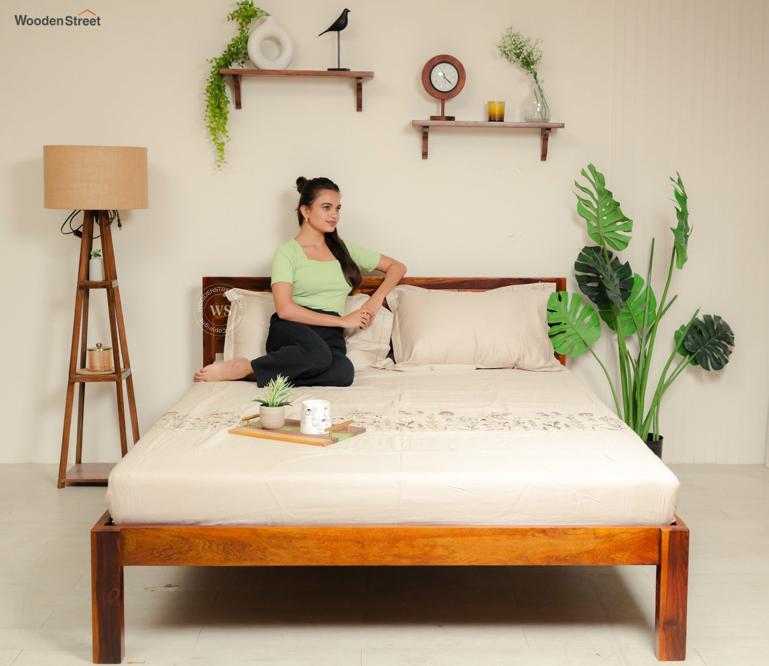 Brixton Sheesham Wood Bed Without Storage (Queen Size, Honey Finish)