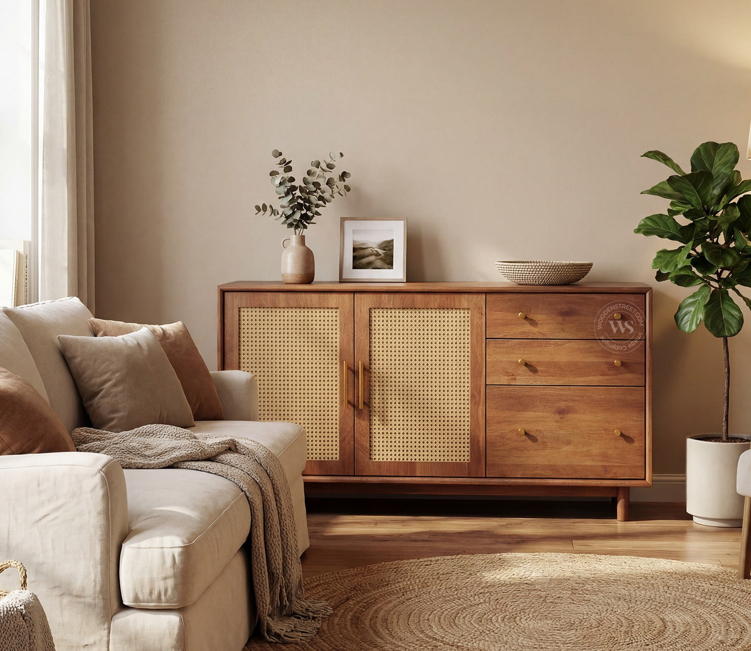 Tanay Mango Wood Sideboard with Cane Accents (Teak Finish)