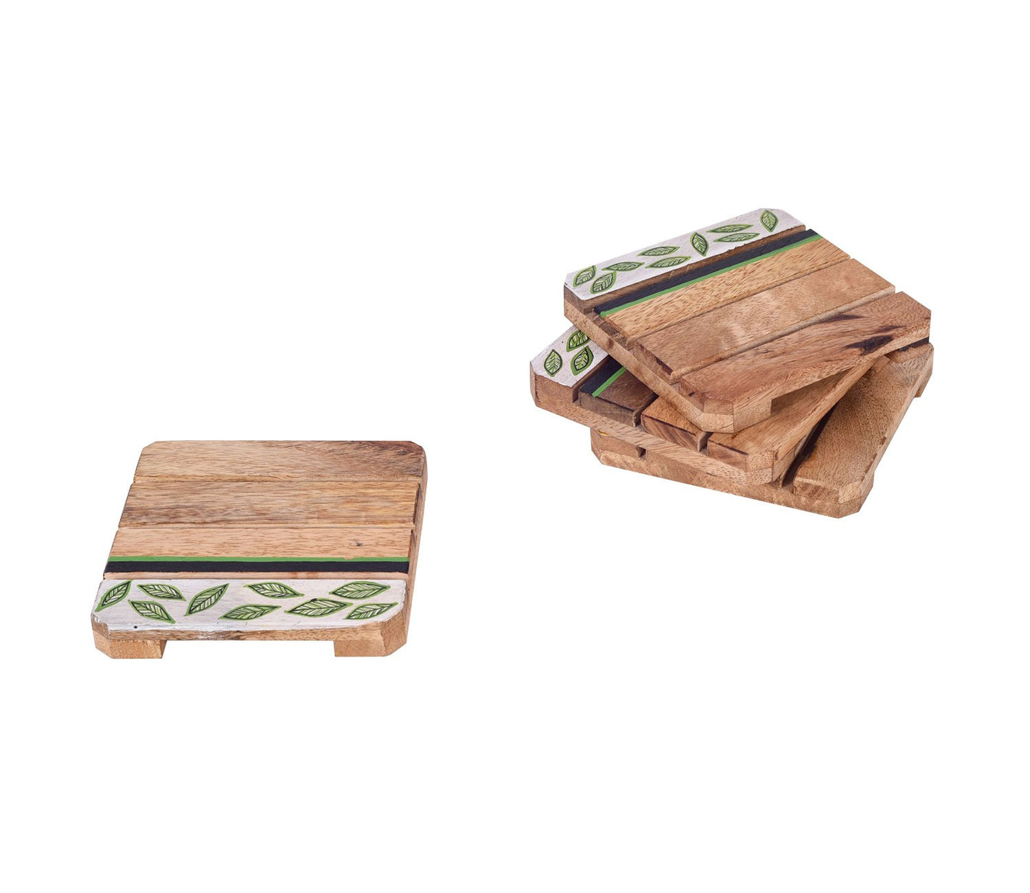 Minty Leaves Hand Painted Coasters Set Of 4