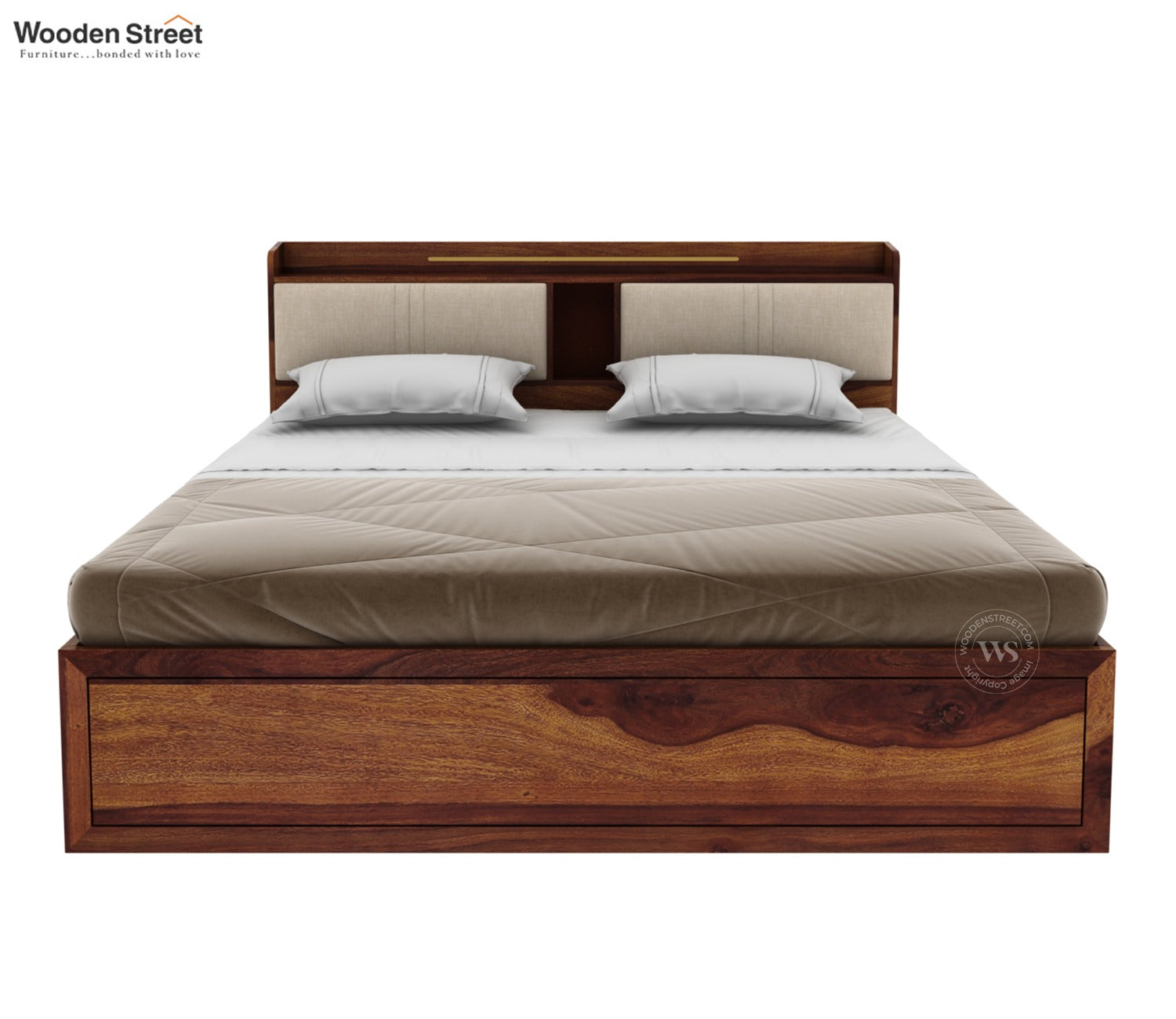 Wildon Premium Sheesham Wood Bed with Cushioned Headboard and Hydraulic Storage (King Size, Teak Finish)