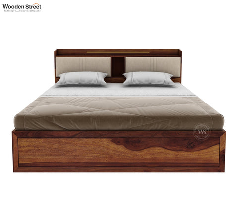 Wildon Premium Sheesham Wood Bed with Cushioned Headboard and Hydraulic Storage (King Size, Teak Finish)