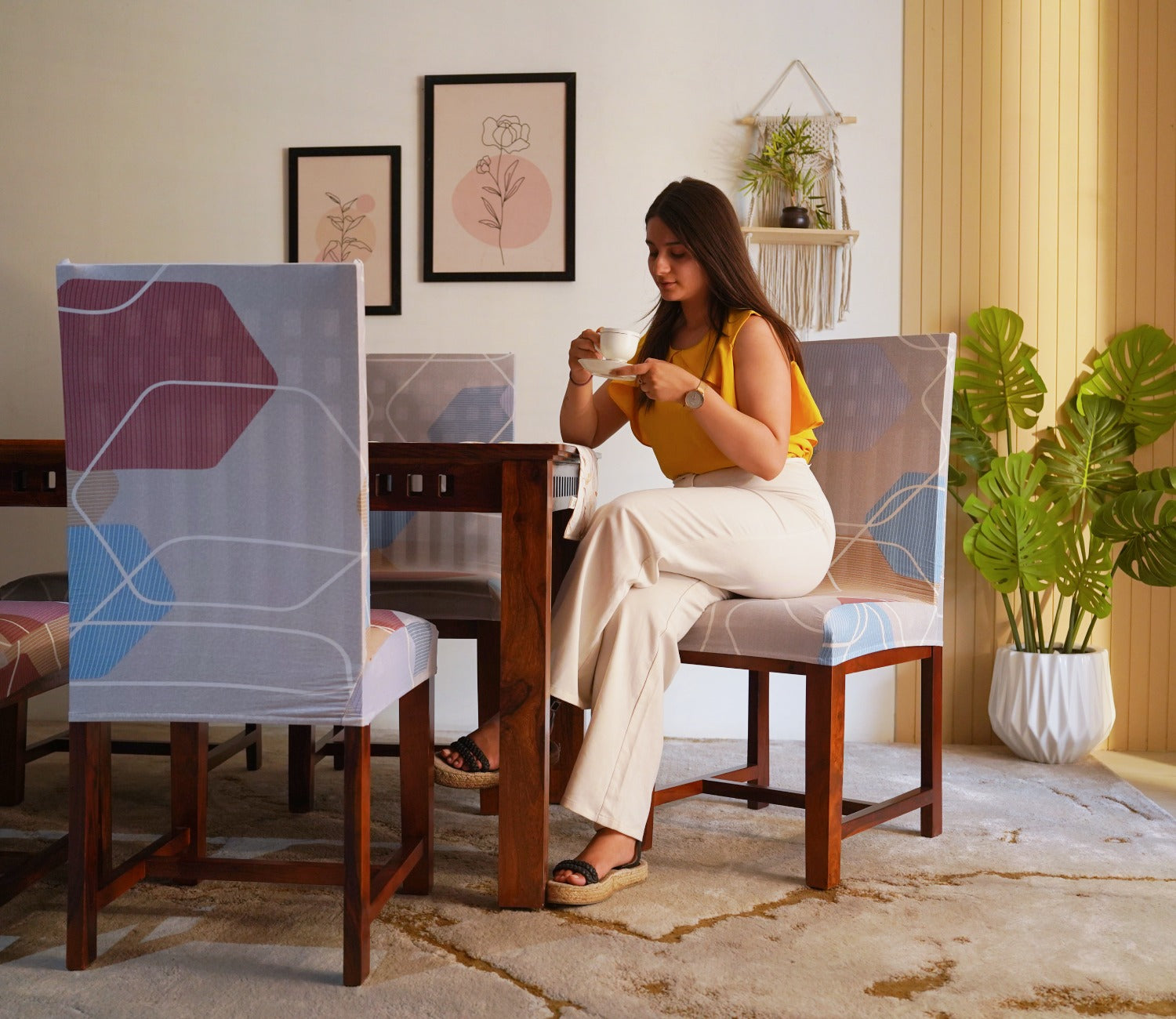 Agnus Elastic Abstract Printed Polyester Spandex Dining Chair Cover Set Of 1 (Multi Colour)