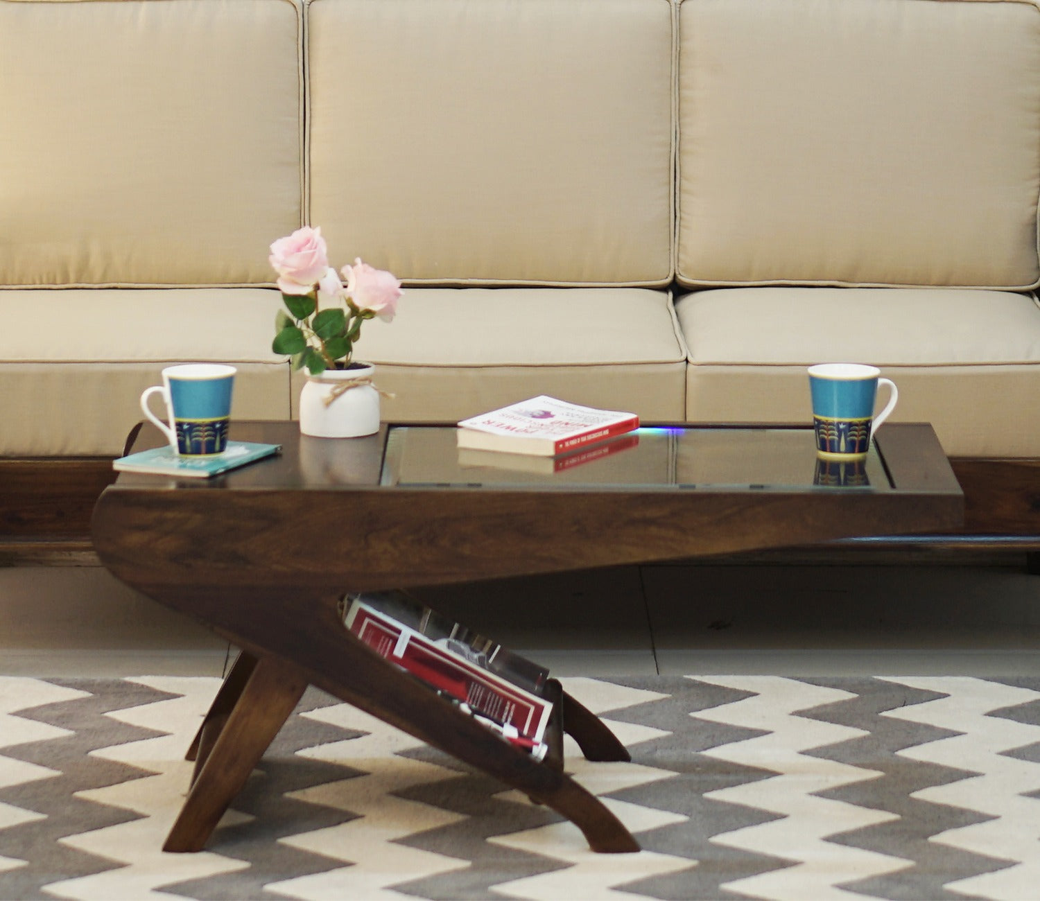 Elena Glass Top Coffee Table (Walnut Finish)