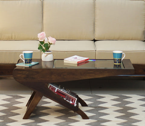 Elena Glass Top Coffee Table (Walnut Finish)