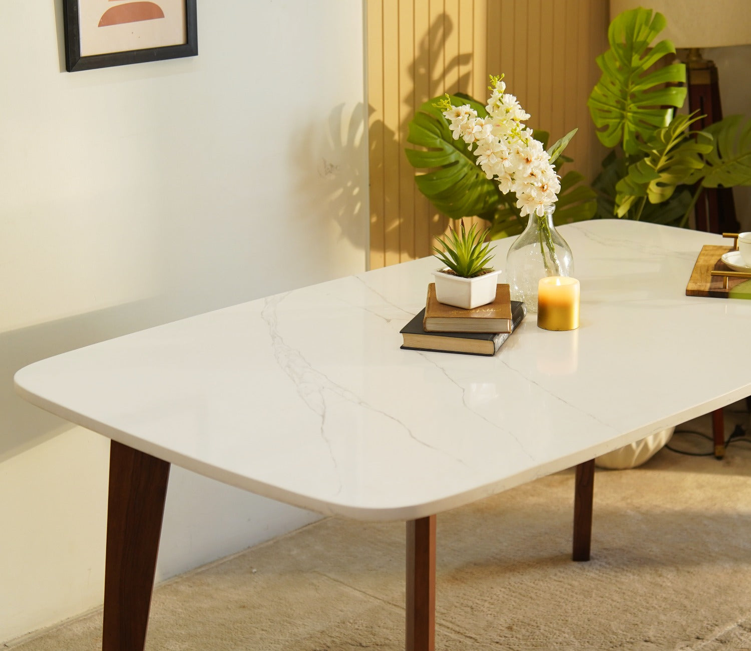 Valence 6 Seater Sheesham Wood Dining Table with Quartz Top (Teak Finish)